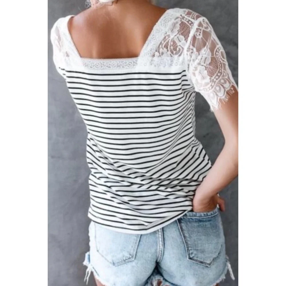 POL White with Black Stripes V Neck Lace Sleeve Rayon Jersey Tee - Picture 10 of 12